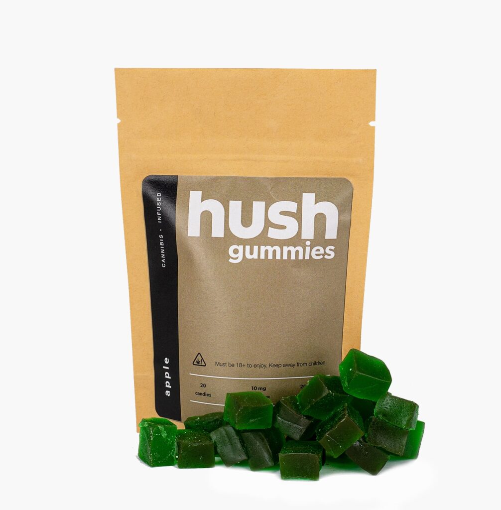 A bag of Hush 200mg apple flavoured THC gummies.