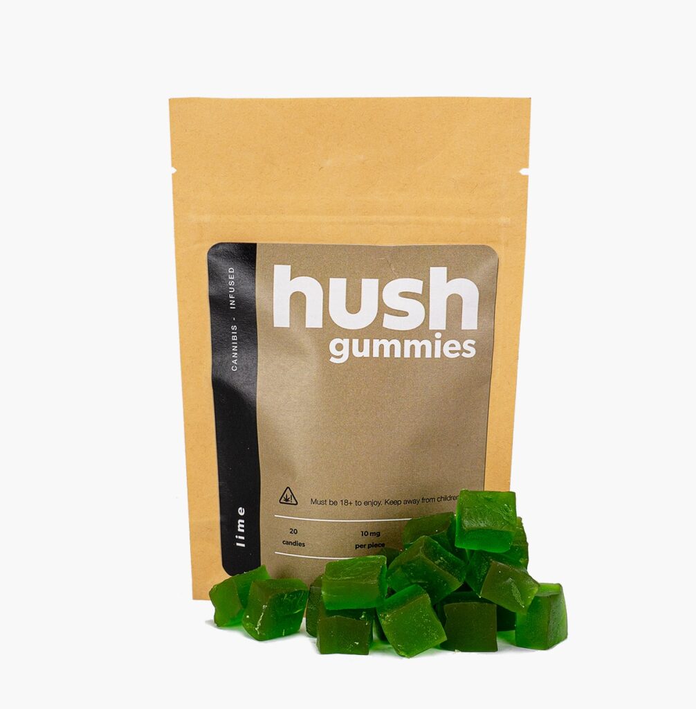 A bag of Lime THC Hush gummies.