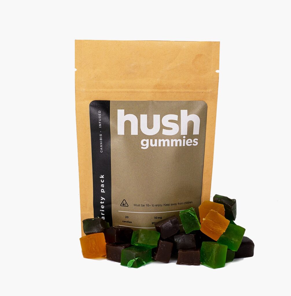 A bag of Hush THC fruit flavoured gummies in a variety of flavours.