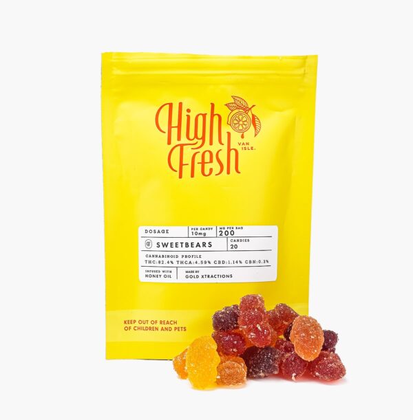 A yellow bag of Sweet Bear (200mg) gummies produced by High Fresh.