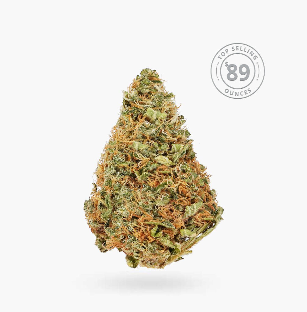 A Uk Cheese (bulk) bud; it's medium green with bright orange hairs with beige trichome crystals.