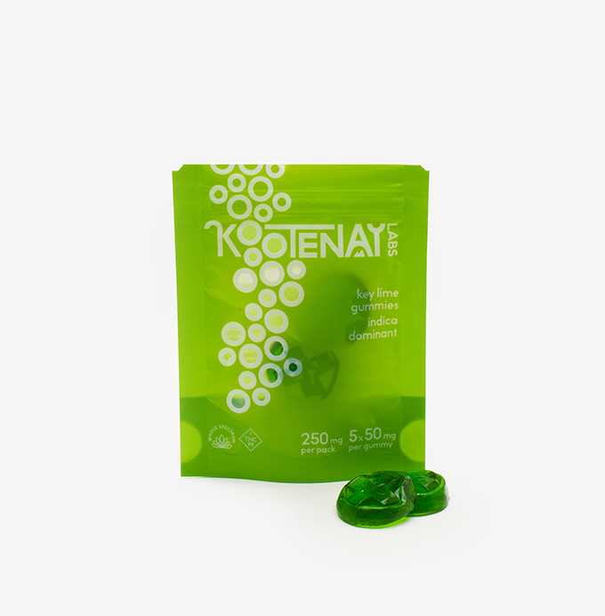 A green bag of Kootenay Labs Key Lime Indica gummies.