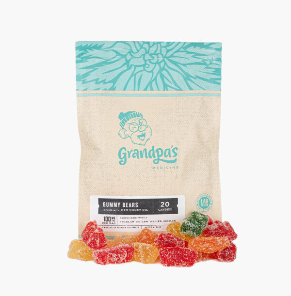 THC Gummy Bears from Grandpa's Medicine; they're multi-coloured sugar coated pieces.