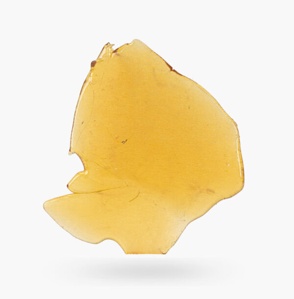 A piece of Purple Roze shatter produced by Kootenay Labs; it's gold coloured and semi-opaque.